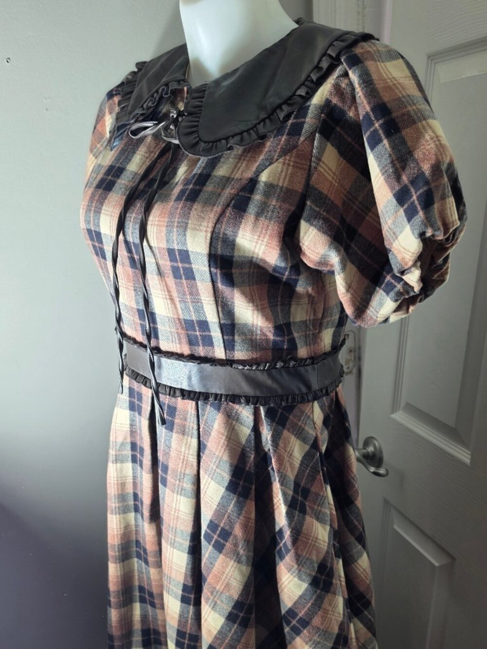 Ivy City Brown Academia Mini Dress with Ruffled Sleeves and Leather Collar Large